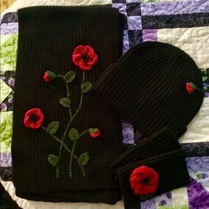 Kate Spade floral rose scarf, hat, mits set